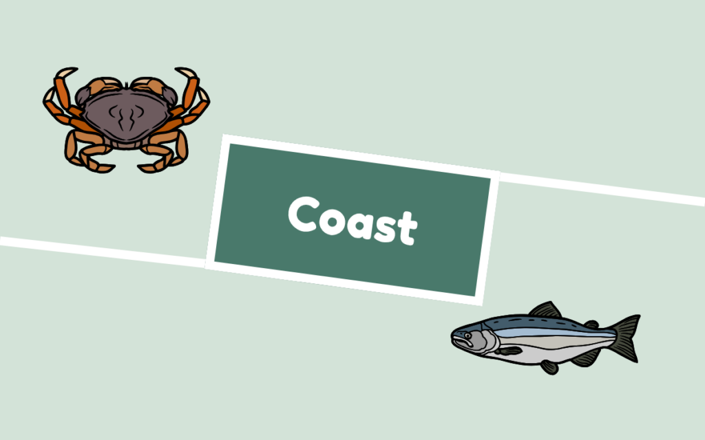 Crab and salmon. Coast habitat